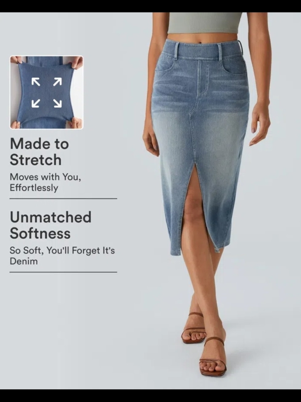 NWT Halara Flex High Waisted Bodycon Washed Denim Midi Skirt Pockets XS Reg #075